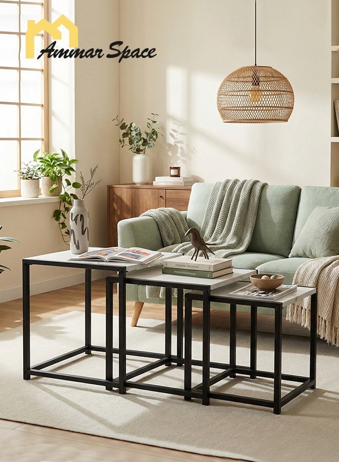 مساحة عمار طقم طاولات جانبية متداخلة من 3 قطع بسطح رخامي المظهر وإطار معدني أسود، طاولة قهوة متعددة الاستخدامات لغرفة المعيشة أو الأريكة أو غرفة النوم، تصميم موفر للمساحة - Image 3